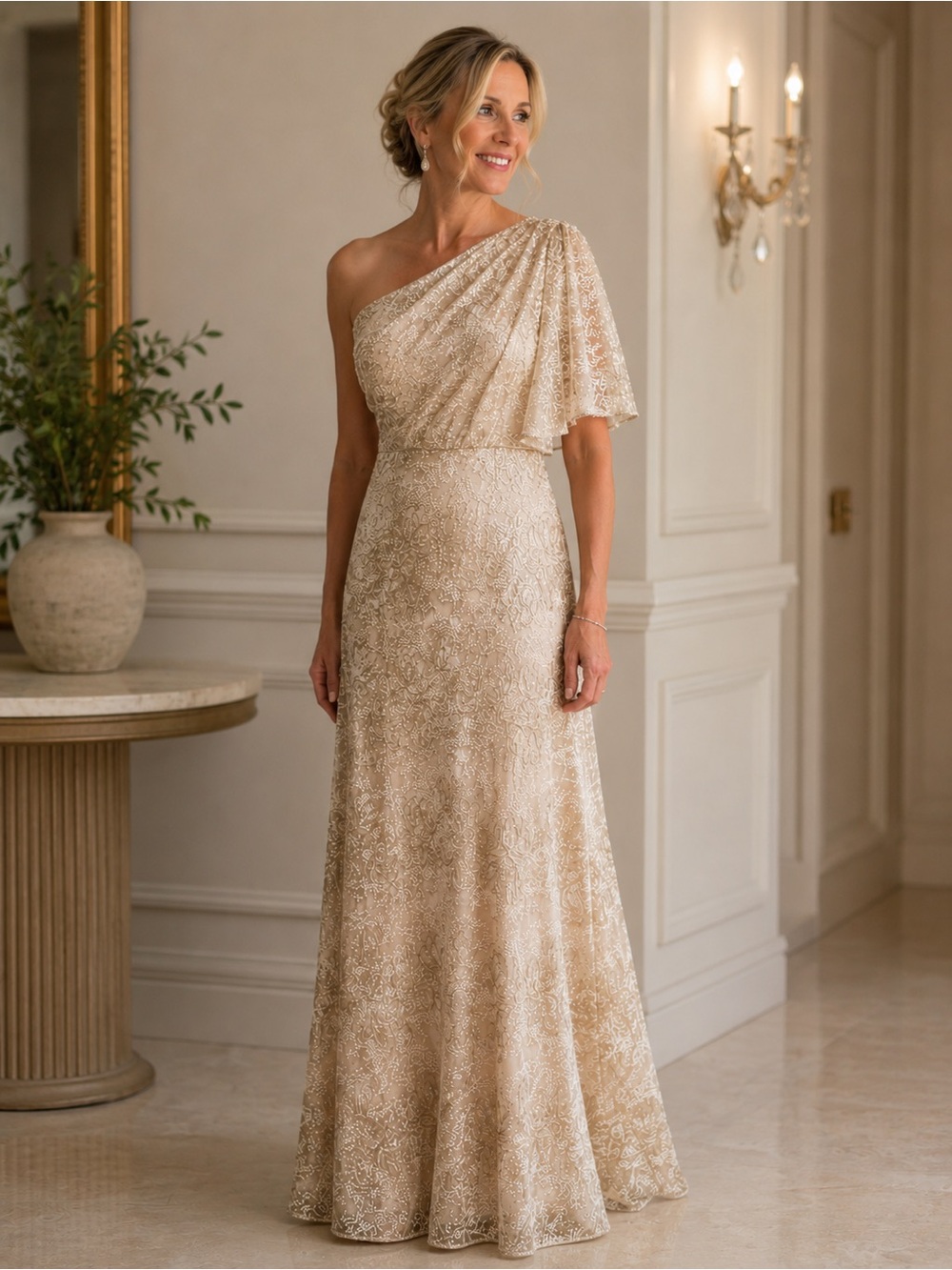 Adrianna Papell One-Shoulder Lace Gown in Champagne